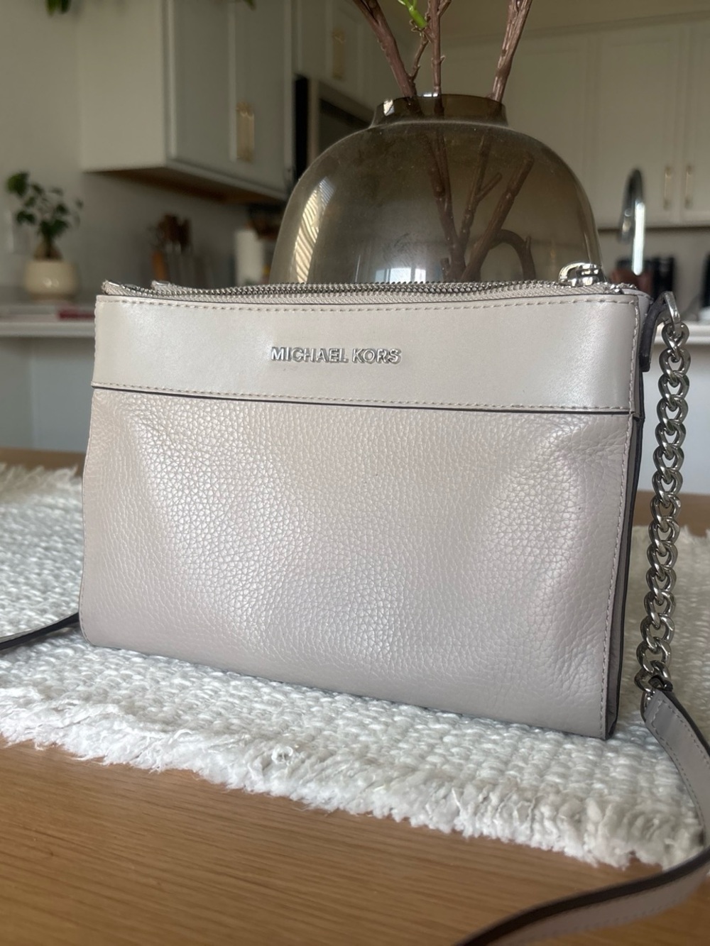 Michael Kors Pale Taupe Pebbled Leather Crossbody with Chain Strap